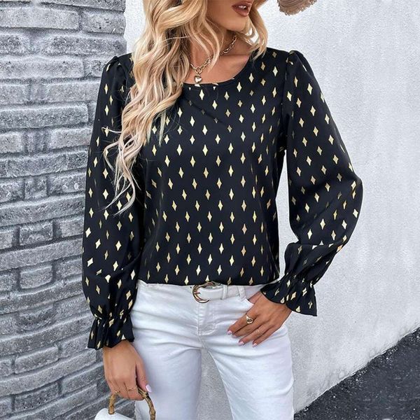 

autumn long shirts sleeved blouse black gilded for women, White