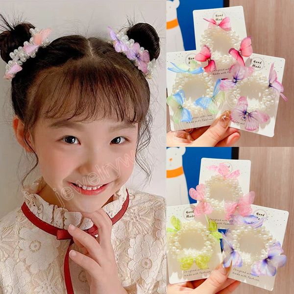 

children's pearl hair ring girl sweet butterfly rubber band hair scrunchies girls all-match head rope headdress hair accessories, Golden;silver