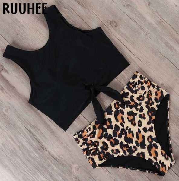 

women039s swimwear ruuhee two pieces swimsuit women bikini 2023 leopard knotted high neck sport swimwear women ruched high1339883, White;black