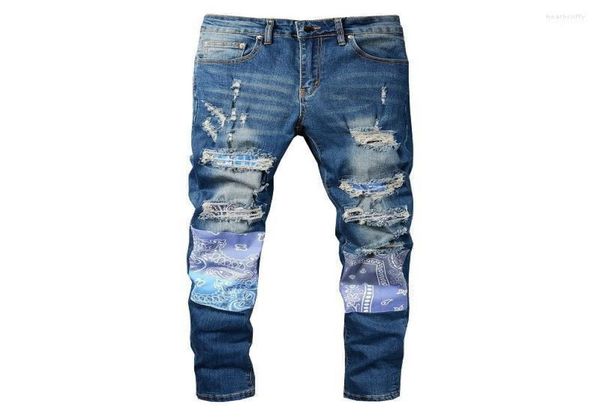

men039s jeans men paisley bandana print patch streetwear holes ripped distressed stretch denim pants slim skinny tapered trouse4688872, Blue