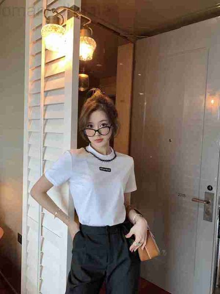 

women's t-shirt designer mi23 early autumn new heavy industry nail bead letter decorative neckband design short sleeve age reducing ver, White