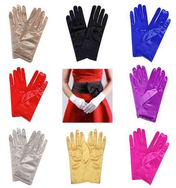 

1pc girl lady satin short finger wrist gloves smooth evening party formal prom costume stretch gloves red white etiquette glove3534009, Black