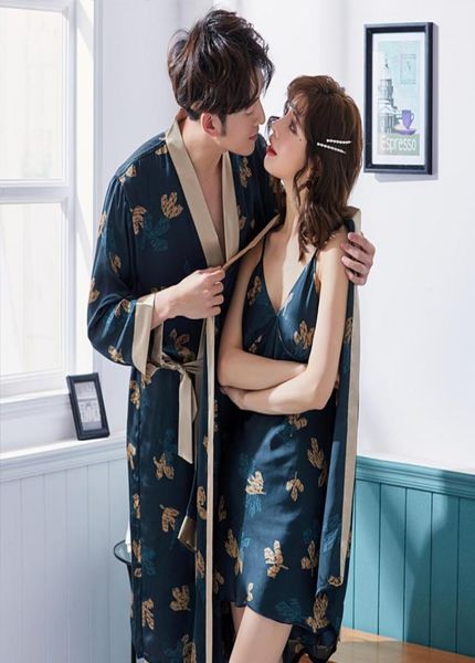 

aeozring couples sleepwear pajamas summer men039s silk bathrobe ladies cardigan twopiece housewear9055750, Black;red