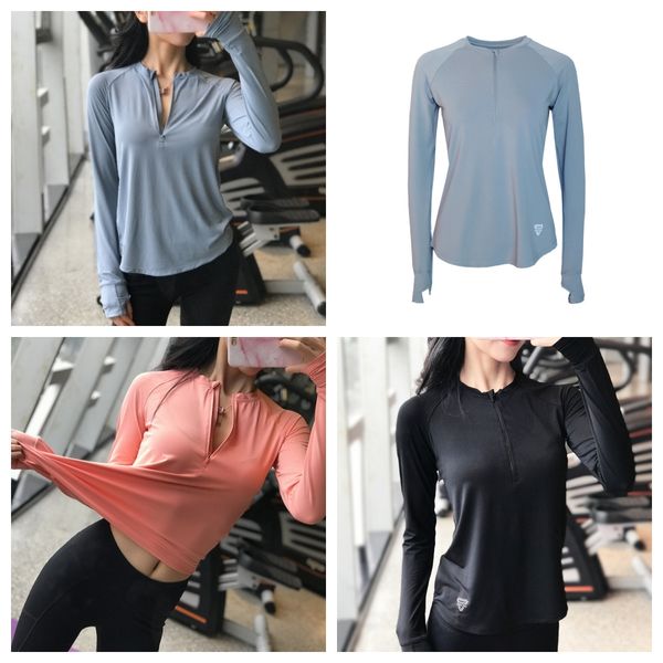 

pendulous fitness long-sleeved women's sports quick-drying semi-zipper running t-shirt yoga clothes training round neck, White;red