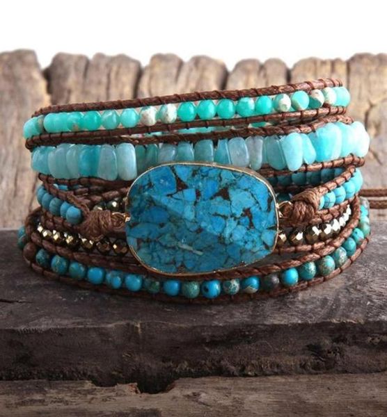 

women gift new digner fashion boho bracelet handmade mixed turquoise natural ston charm 5 strands wrap bracelets293q4102308, Golden;silver