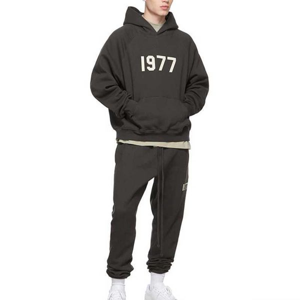 

spring/summer men's hoodie 1977 flocking plus size trend jogging cotton hat pants sports set, Black;brown