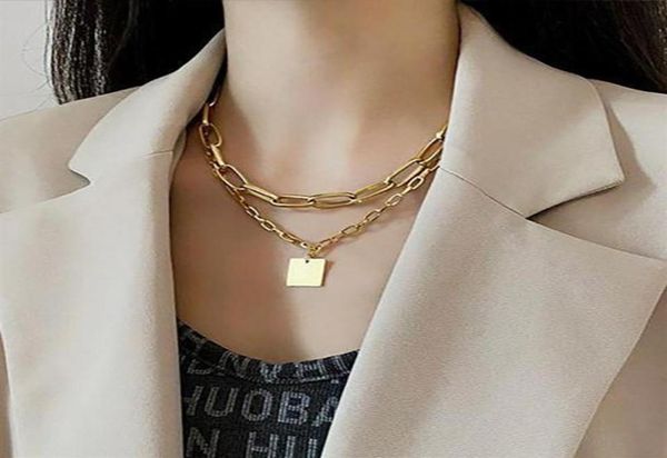 

square brand double layer chain necklace women039s fashion hip hop 2021 niche design sense clavicle31918172864, Silver