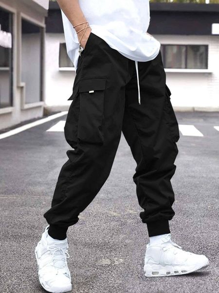 

mens pants men flap pocket side drawstring waist cargo 230809, Black
