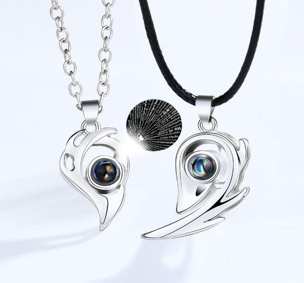 

pendant necklaces 2pcs magnetic heart couple 100 languages i love you projection necklace for women men fashion jewelry1331560, Silver