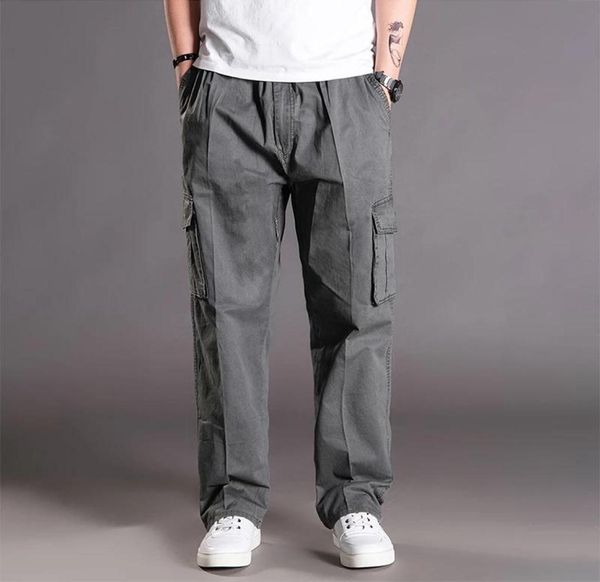 

brand spring autumn men casual cargo pants 95 cotton multiple pockets male thin trousers loose plus size oversize chinos men0393149348, Black