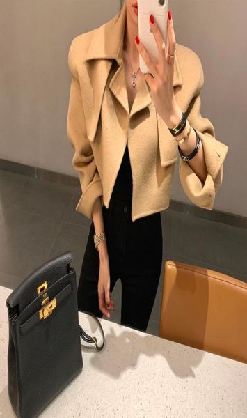 

2020 new design women039s korean fashion camel color turn down collar long sleeve short high waist woolen jacket coat casacos1752656, Black
