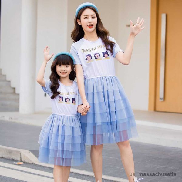 

family matching outfits mum and daughter matching clothes summer dress family look mommy and me fashion mesh dresses girl sisters matching o, Blue