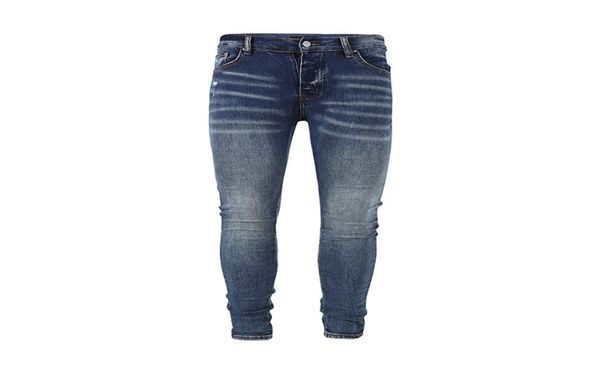 

mens jeans dark blue plain washed button placket casual slim pants5076887