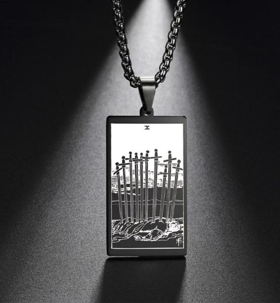 

pendant necklaces dawapara vintage box chain talisman necklace the suit of swords tarot card amulet stainless steel golden black j1122188, Silver