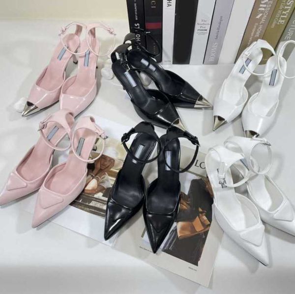 

fashion iron head dress shoes women 7cm high heeled pumps 3cm triangle pointed toe slingback stiletto classic ankle strap buckle lady girls, Black