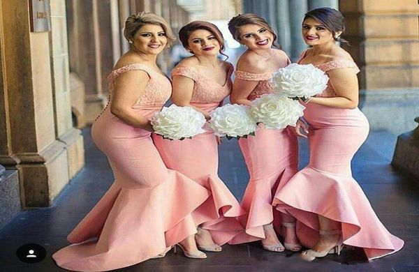 

new fashion pink high low mermaid bridesmaid dresses 2017 lace off shoulder satin sheath maid of honor gowns plus size wedding gue7078500, White;pink