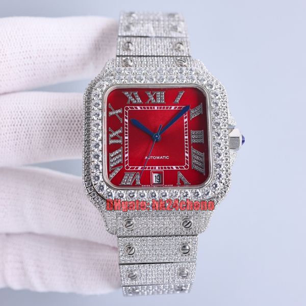 

sf factory watches 40mm full set diamonds miyota 8215 automatic mens watch red dial gypsophila pave diamond bracelet gents wristwatches, Slivery;brown