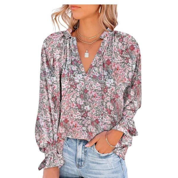 

style ruffled womens dress light blouses and thin printed lace shirt, White