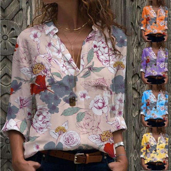 

autumn winter womens blouses clothing print long sleeve shirt floral loose, White
