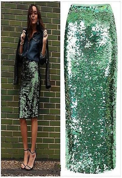 

women green sequin zipper midi skirt package hip slim pencil skirt femininas elegant ladies party wear saias202t1627664, Black