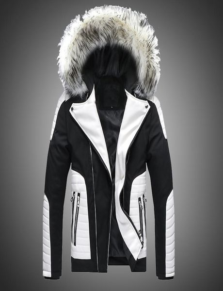 

men jacket autumn winter hooded jacket faux fur jacket parka men faux leather stitching style biker motorcycle outwear jackets 2017092168, Black;brown