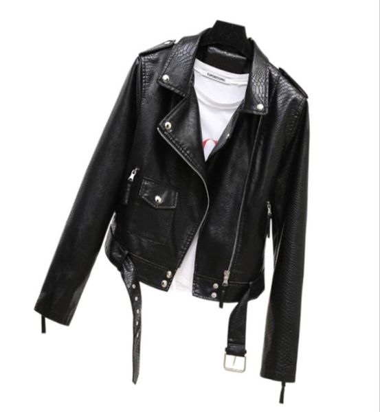 

fashion womens spring and autumn black faux leather jacket zipper snake print coat lapel collar motorcycle jacket with belt pants6885205, Black;brown