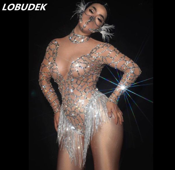 

silver rhines nude mesh transparent tassel bodysuit long sleeve fringe latin dance costume nightclub bar dj singer stage wear7996543, Black;red