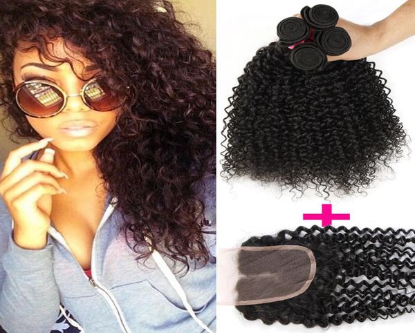 

remy brazilian curly virgin human hair weaves with closure 3pc hair weft1pc lace closure 4x4 lace closure with 3bundle deep c2168189, Black