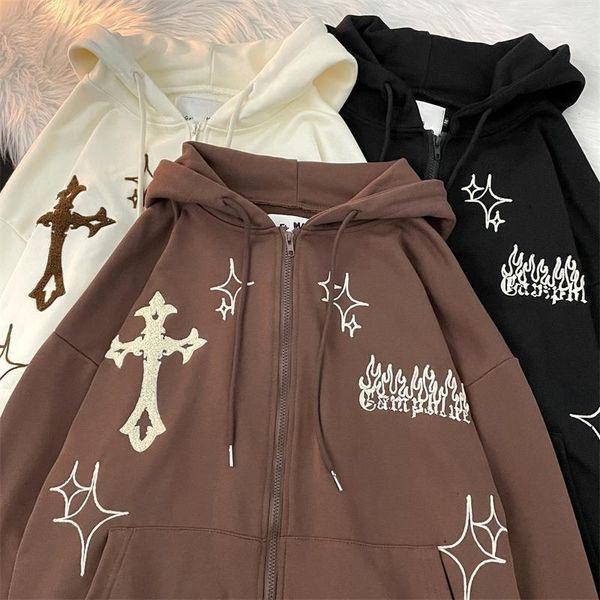 

womens jackets retro gothic embroidery y2k women hoodies hip hop jacket high street zip up hoodie long sleeve oversized coat streetwear 2308, Black;brown
