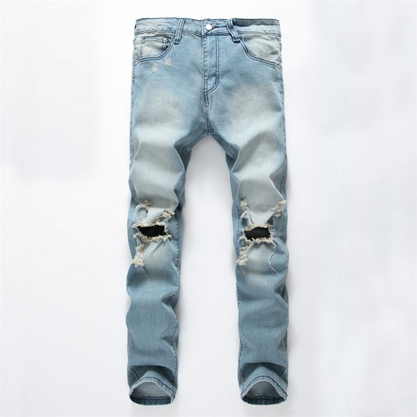 

jeans trend ripped retro men's denim pants fashion brand red cycling motorcycle embroidery close-fitting slim pencil pants, Blue