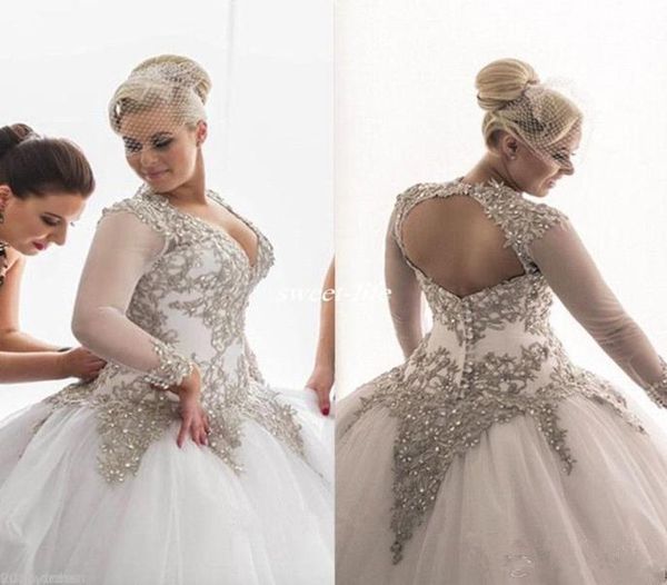 

modest long sleeves wedding dresses rhinestones crystals plunging beaded bridal dress backless sheer ball gown plus size wedding g4402325, White