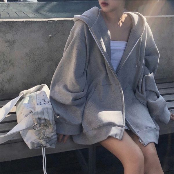 

womens hoodies sweatshirts oversize women casual solid zip up hooded sweatshirt harajuku korean loose couple hoodie jacket coat streetwear 2, Black