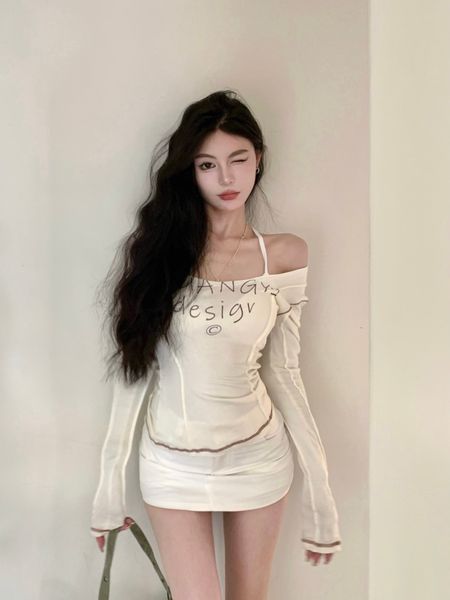 

two piece dress spicy girls pure desire style suit womens letter printed longsleeved tshirt white wrapped hip short skirt twopiece set 2308