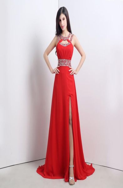 

2015 in stock red prom dresses a line floor length jewel side splite formal evening gowns size 6 to 16 chiffon party dresses8958457