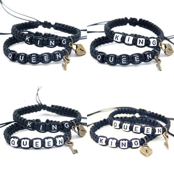 

2pcspair couple bracelets cool black king and queen with key lock rope chains lovers gifts handmade charm bracelets accessories1253120, Golden;silver