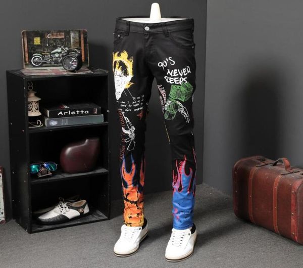 

fashion streetwear men jeans slim fit paint printed designer jeans men pencil pants black color personality hip hop homme5092249, Blue