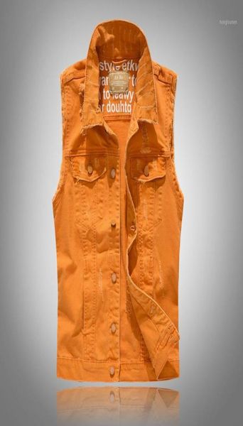

men039s jackets fashion orange denim vest ripped jacket casual vests men retro sleeveless slim fit jeans tank plus size6182189, Black;brown
