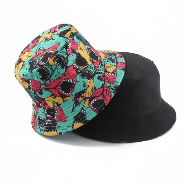 

wide brim hats bucket hats 2021 new fashion panama bucket hats men women summer fisherman hat shark print cartoon animal hip hop cap bob hat, Blue;gray