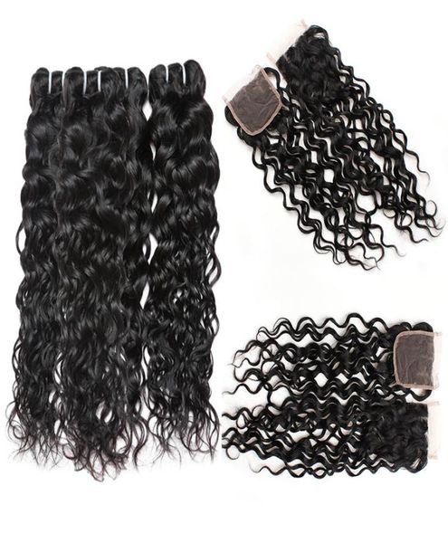 

brazilian human hair 4 bundles with closure 8a brazilian water wave with 4x4 lace closure wet and wavy human hair weave7422676, Black