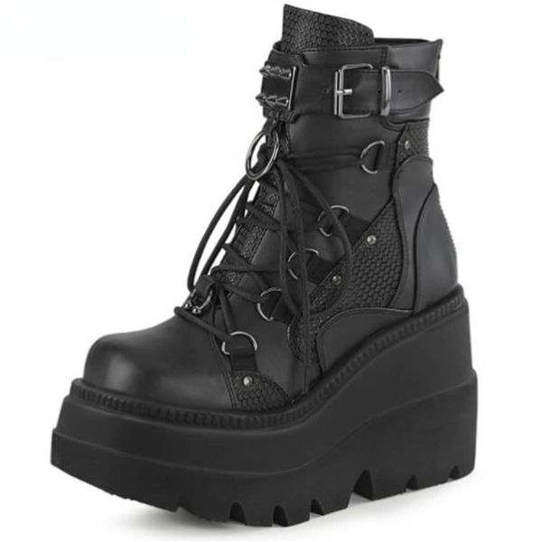 

boots pink women boots platform high wedges heels autumn winter punk halloween witch cosplay women boots gothic botas de mujer 230809, Black