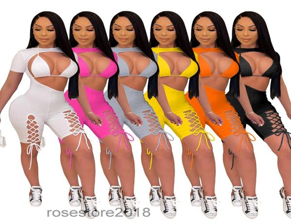 

women039s short sleeve shorts lace up jumpsuit nightclub style women039s new fashion hollow twopiece sets tight solid 5240395, Black;white