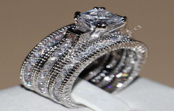

princess vintage jewelry 14kt white gold filled cz 3pcs wedding women band rings for love size5113178113, Silver