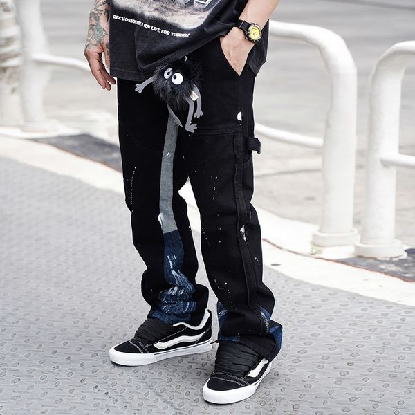 

mens jeans hip hop splash ink wide leg y2k distressed colorblock denim jean with print graffiti flare pants for men 230809, Blue