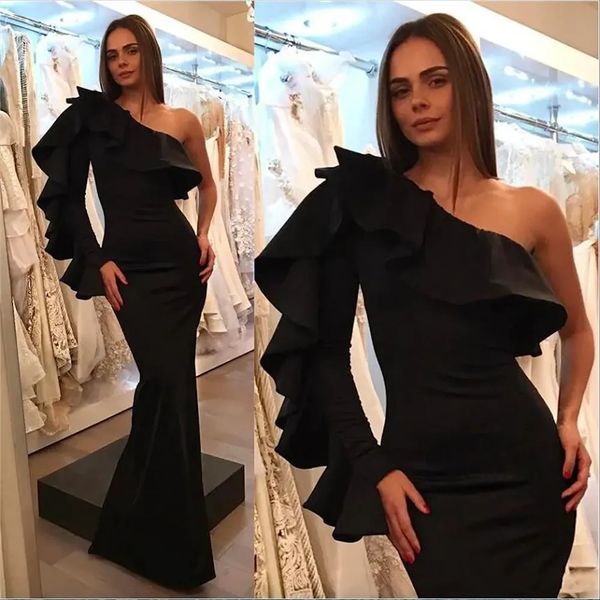 

black mermaid prom dress one shoulder long sleeve ruffles pleated long trumpet formal dresses evening wear celebrity party gowns
