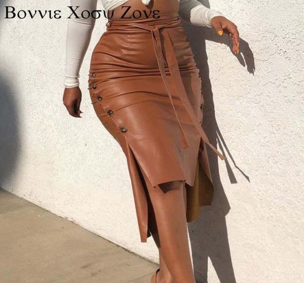 

women buttoned design pu solid sheath fit chic midi skirt casual slit leather skirts5826436, Black