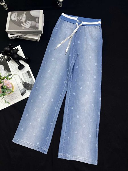 

diamond letter full print girl jeans women lace up waist design denim trousers size s-l gradient straight leg pants july28, Blue