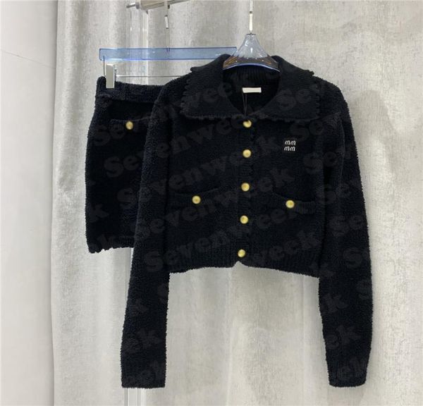 

doll neck knitting coat dress suit for women luxuty gold buckle fleece ladies cardigan skirts two piece sets7712561, Black;gray