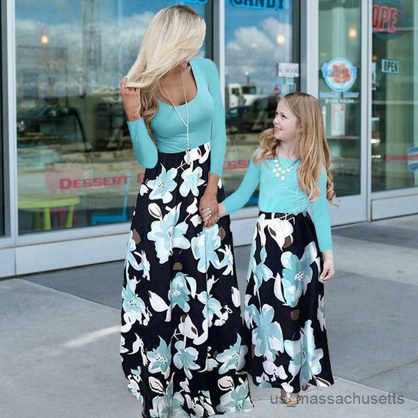 

family matching outfits autumn long sleeve mother kids dress family matching outfits twining mother daughter patchwork dress same clothes ba, Blue