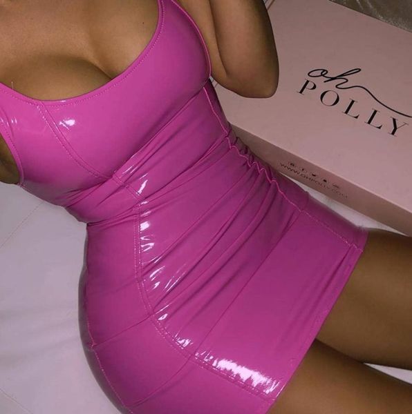 

insta pink tank sleeveless pu sheath dress women summer bodycon zipper low cut elastic clubwear skinny mini dress new style8796521, Black;gray