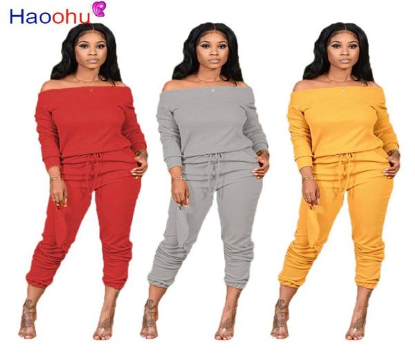 

solid knitted women set two pieces set tracksuit off shoulder tee jogger sweatpant suit outfit matching3481820, Gray
